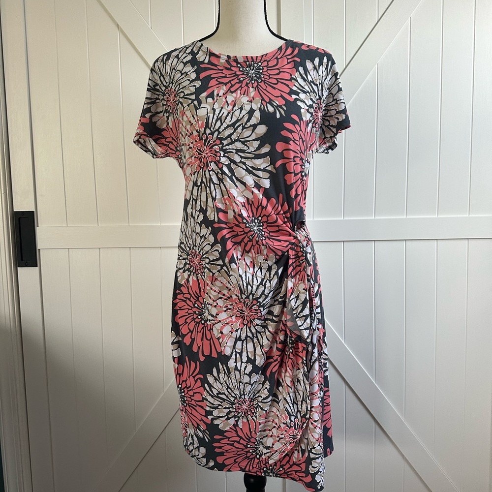Robbie Bee Floral Side Tie Dress Coral White Gray Sheath Stretch PS Petite Small